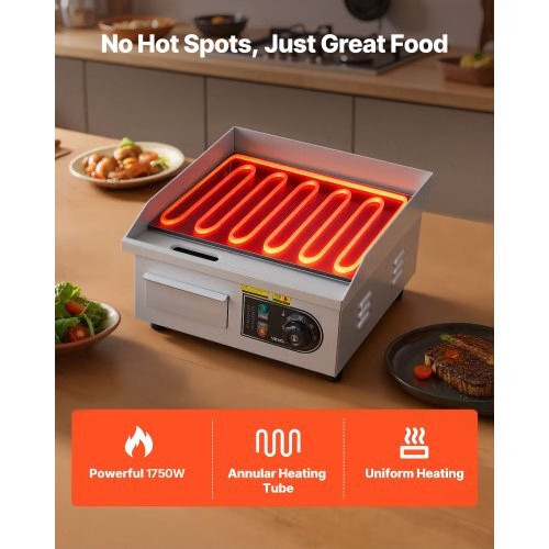 Commercial Electric Griddle, 13.98 x 11.81 inch, 1750W, 122-570°F Adjustable Te