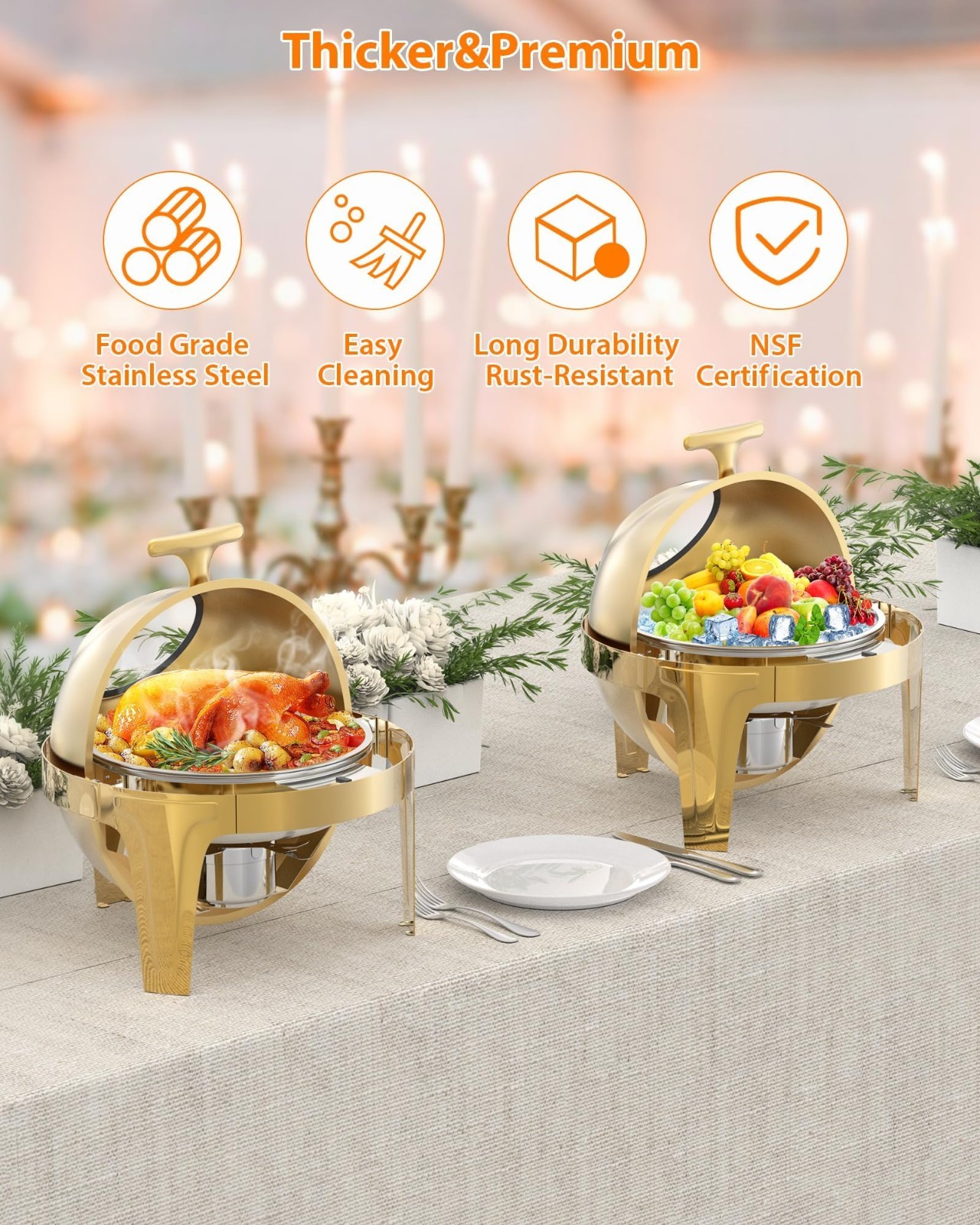 Gold Round Roll-Top Chafing Dish Set Commercial Stainless Steel Buffet Warmer