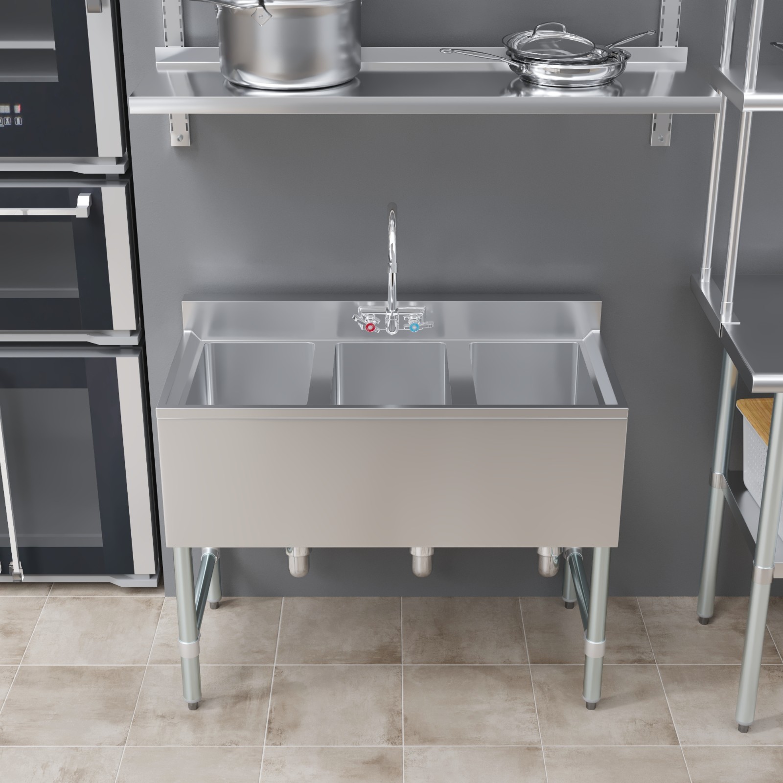 AmGood 38 in. x 19 in. Three Compartment Under Bar Sink. NSF