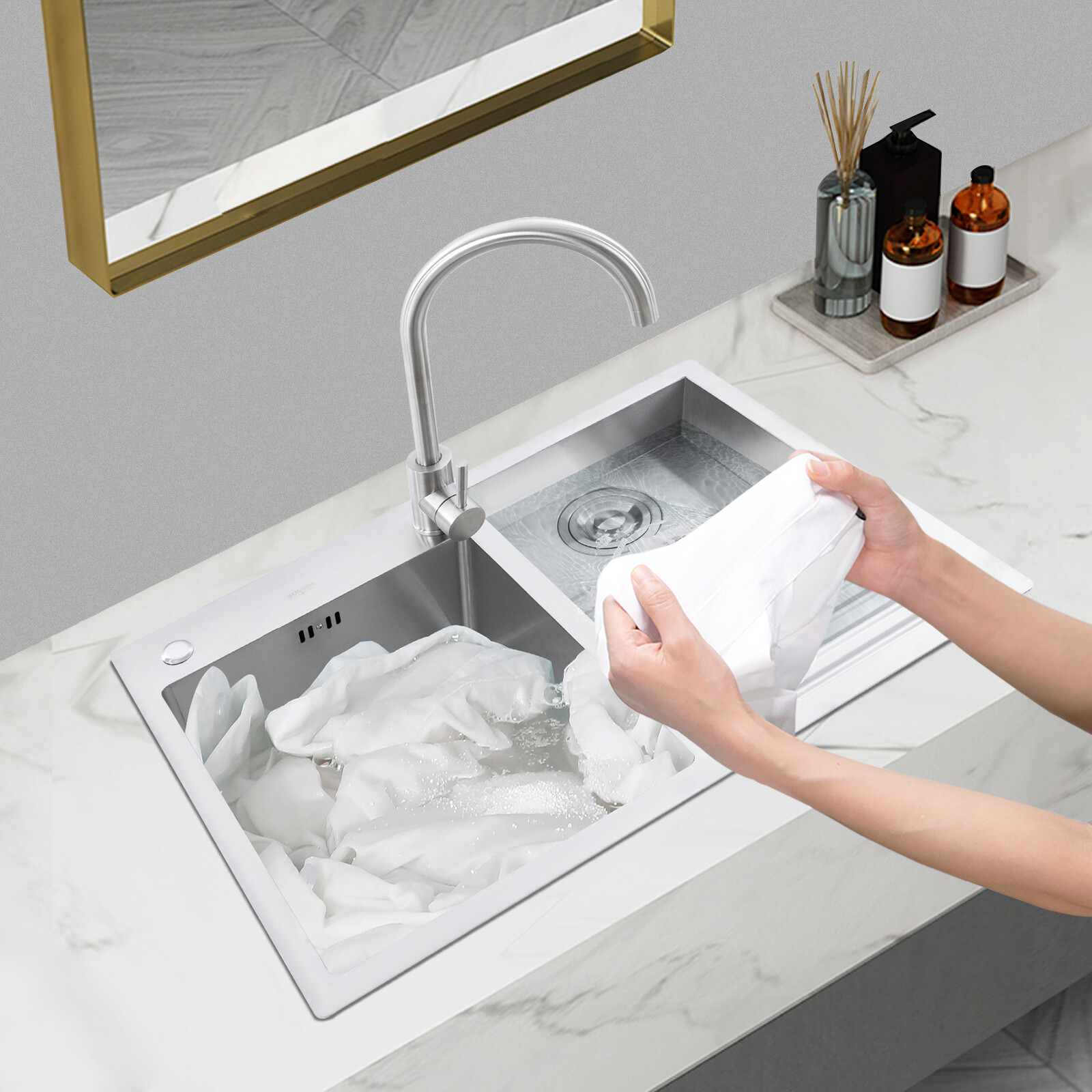 Stainless Steel Drop-in Laundry Sink Workstation Sink w/ Faucet 27.56*18.9*8.66″