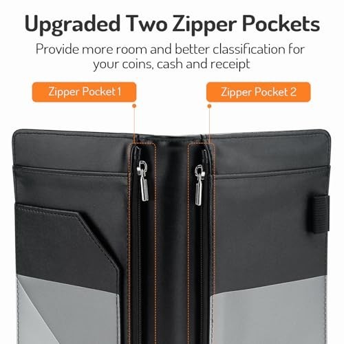 Server Book with 2 Zipper Pockets 8 Compartments PU Leather Receipt Holder