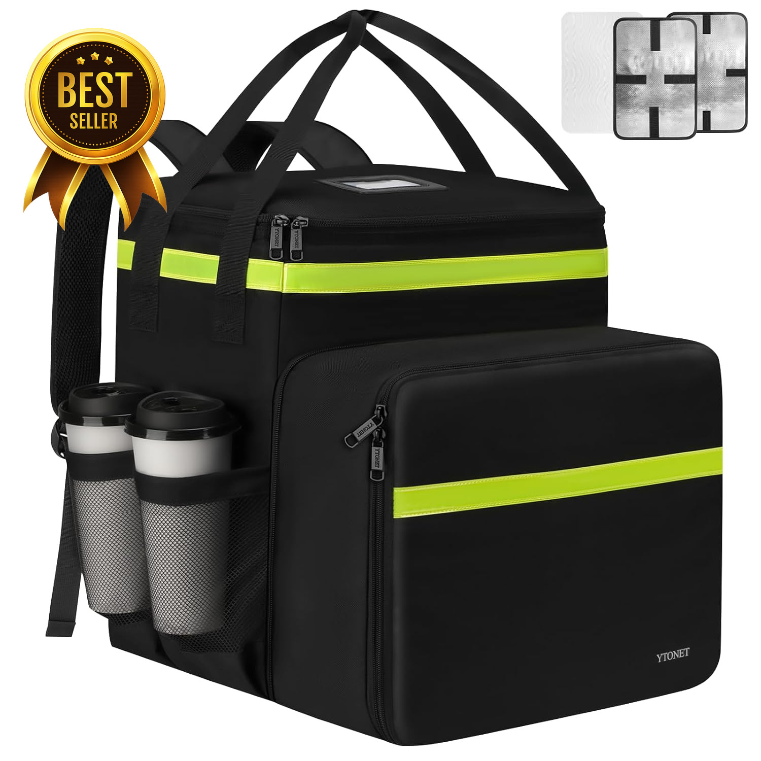 Extra Large Insulated Food Delivery Backpack 7 Cup Holders Pizza Bag Bike Black