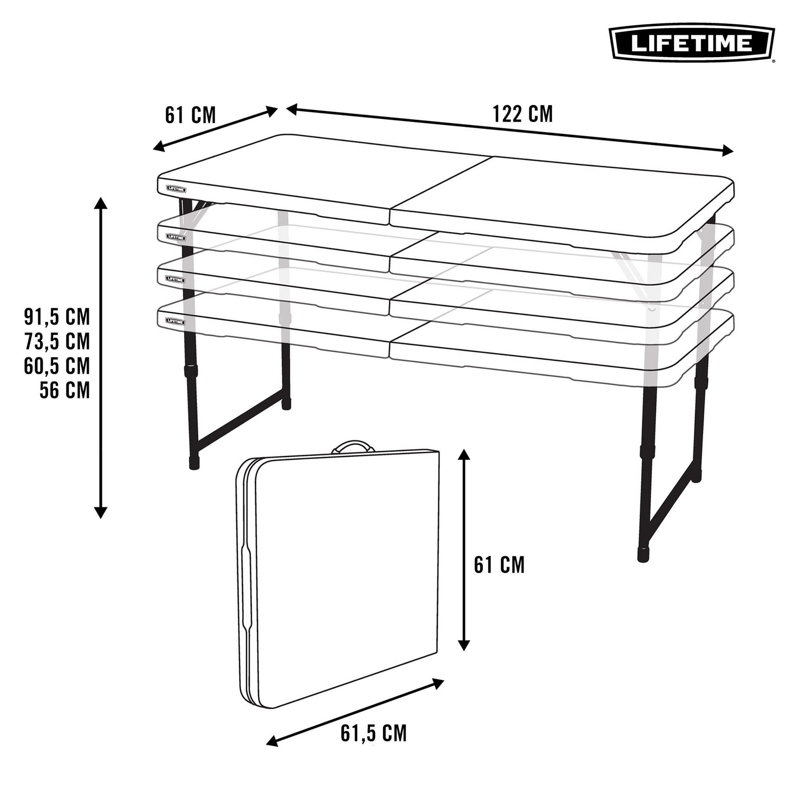 Lifetime Fold-In-Half Adjustable Folding Table 4 Foot 4428