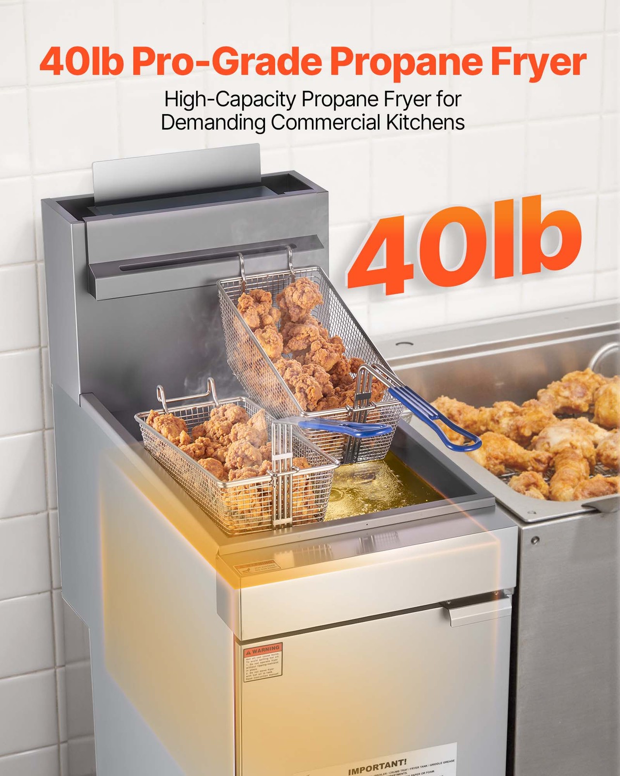 VEVOR Commercial Deep Fryer Free Standing Propane 3-Burner Dual Basket 90,000BTU