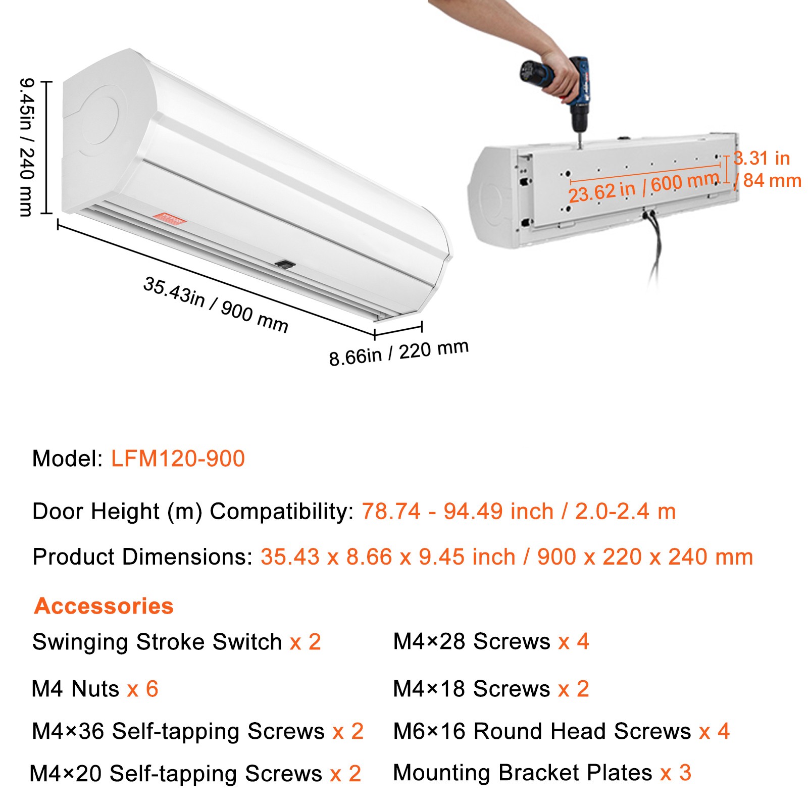 VEVOR Commercial Indoor Air Curtain 36″ Door Air Curtain 2 Speeds 900CFM