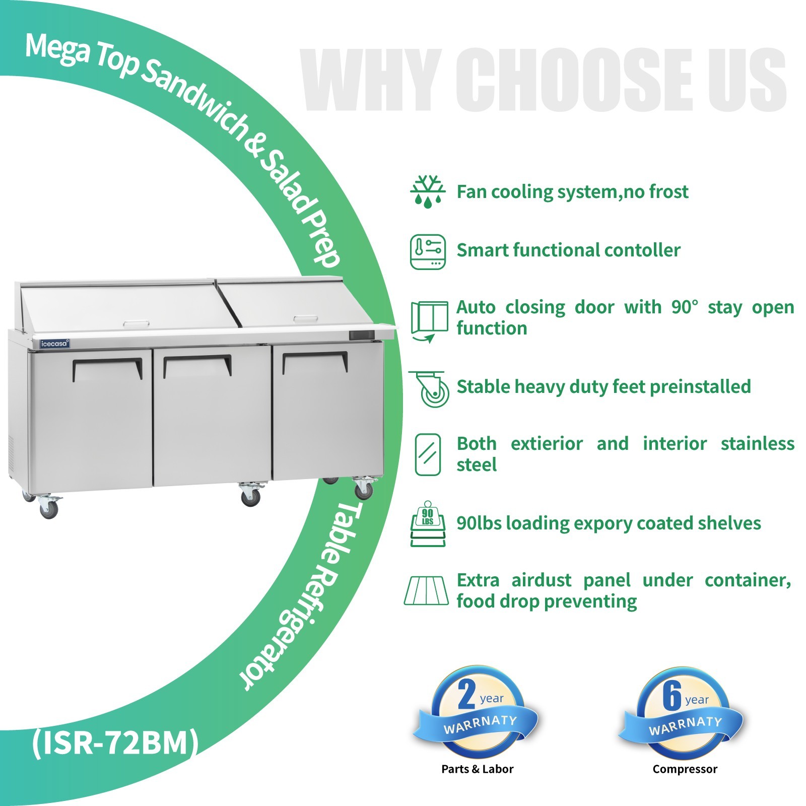 72″ Mega Top Sandwich Prep Table, ICECASA 3 Door Food Bain Marie Cooler, 30 Pans