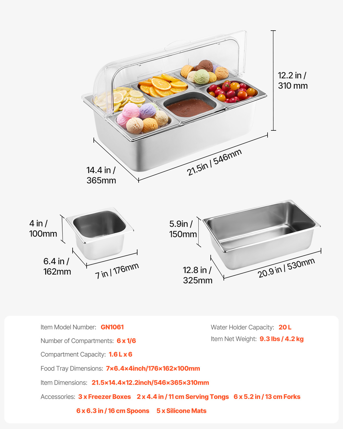 Countertop Food Serving Display Container 6 Pan Condiment Dispenser with Lid
