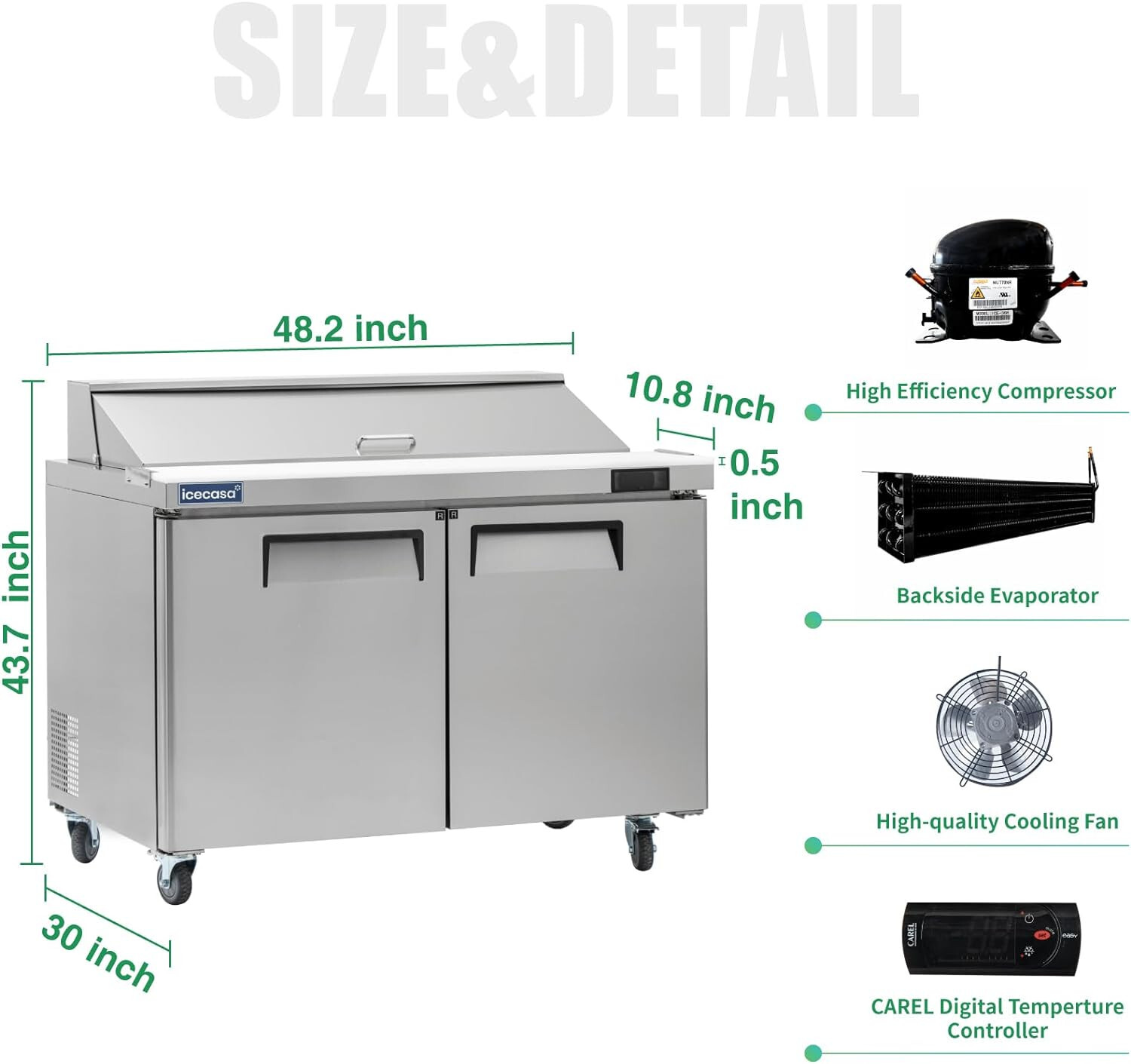 48″ Sandwich Prep Table Fridge, ICECASA 2 Door Food Bain Marie Cooler, 12 Pans