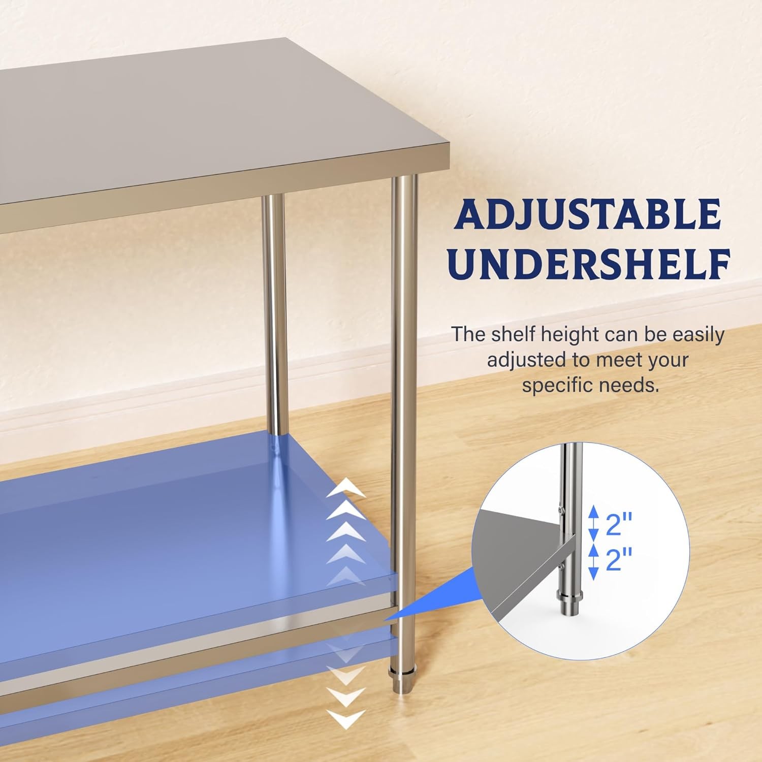 48*24*35in Stainless Steel Work Table w/ Undershelf, Optional Wheels, 1100lbs
