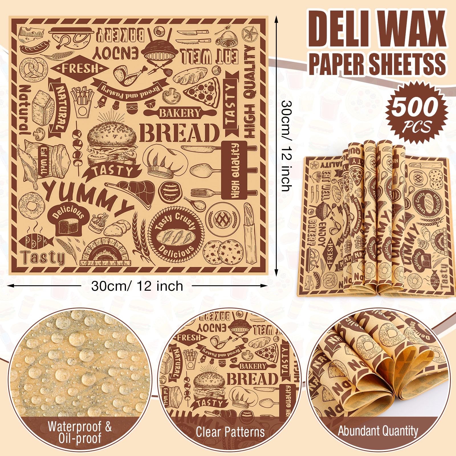 500 Pcs Deli Wax Paper Sheets 12 x 12 Inches Square Grease Resistant Tray Bas…