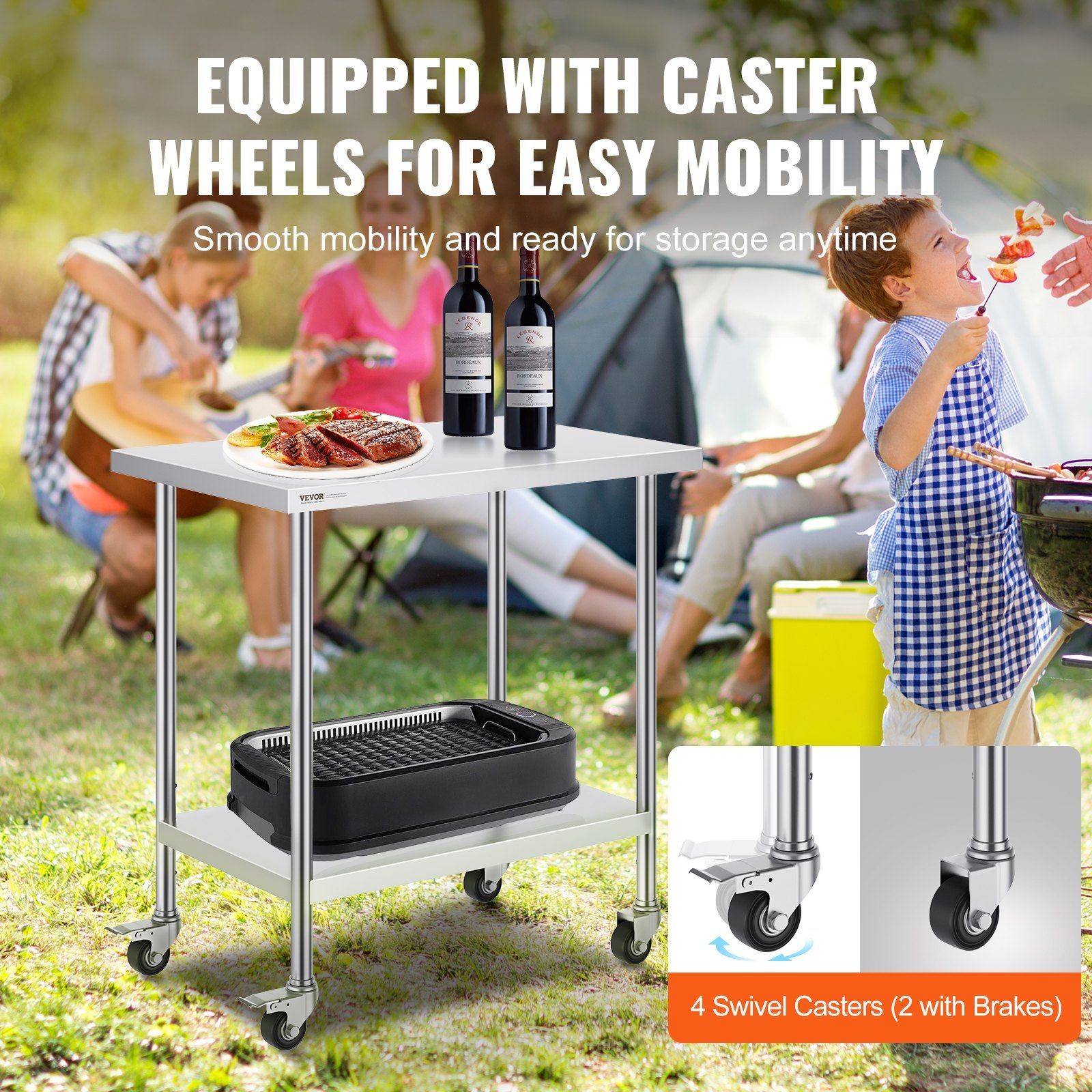 36x24x38in 3-Level Adjustable Stainless Steel Work Table with 4 Wheels