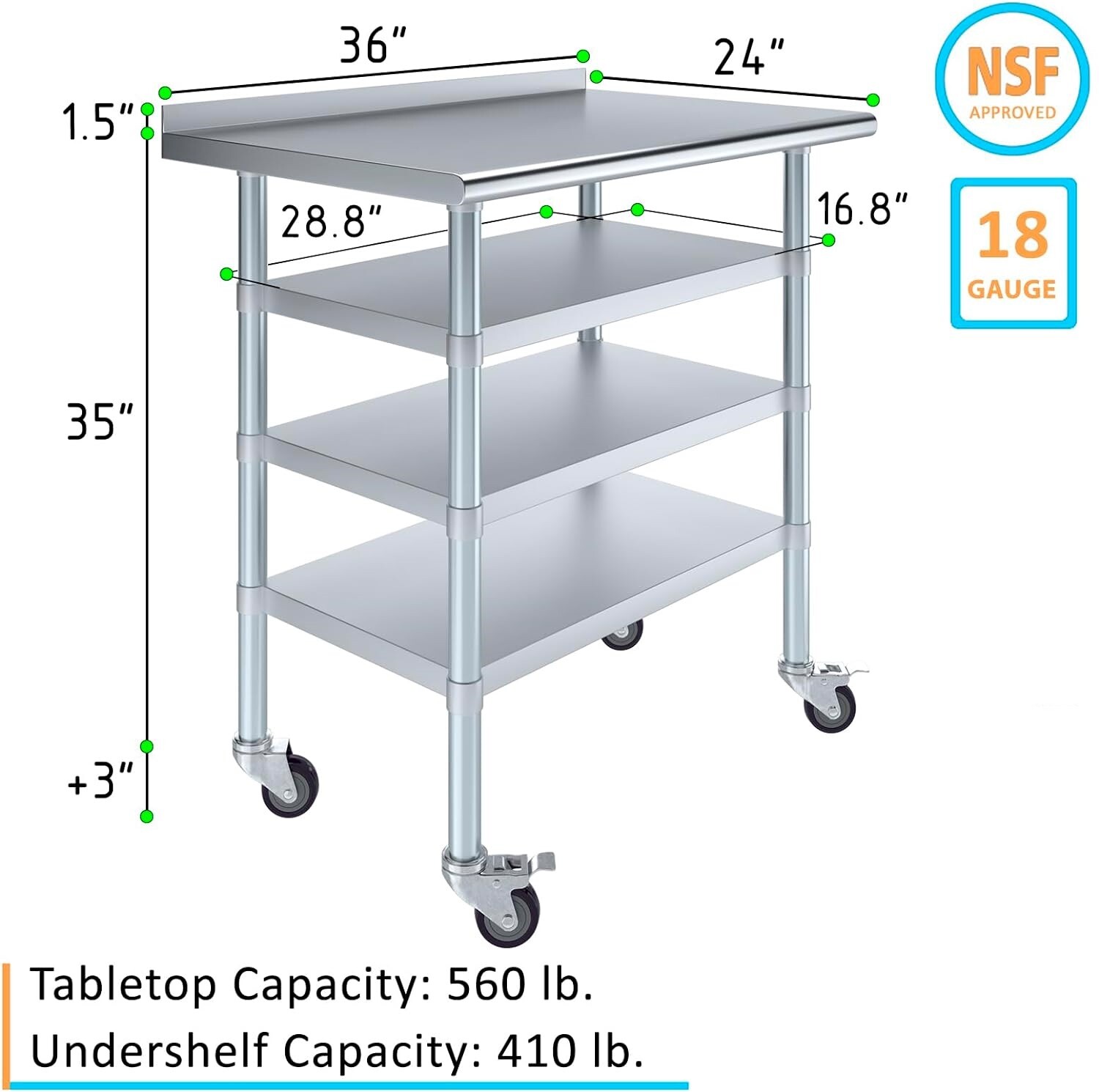Stainless Steel Metal Work Table with 1.5″ Backsplash and 3 Shelves with Wheels