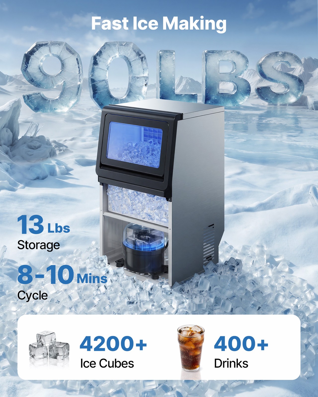 VEVOR Commercial Ice Maker 90/120/130/150/265/440 lbs/24h Ice Cube Machine Bar