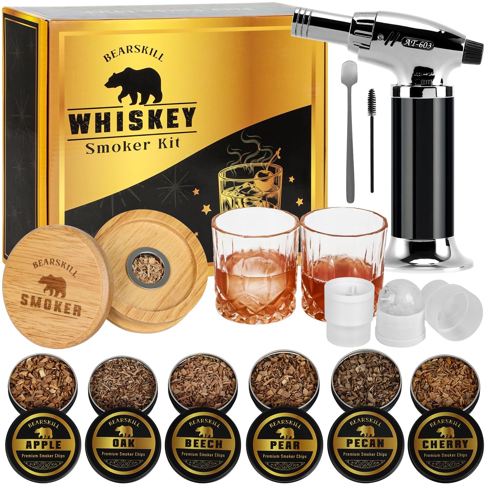 Whiskey Smoker Kit with Torch – 6 Natural Wood Chips Flavors, 2 Glasses, 2 Ice M