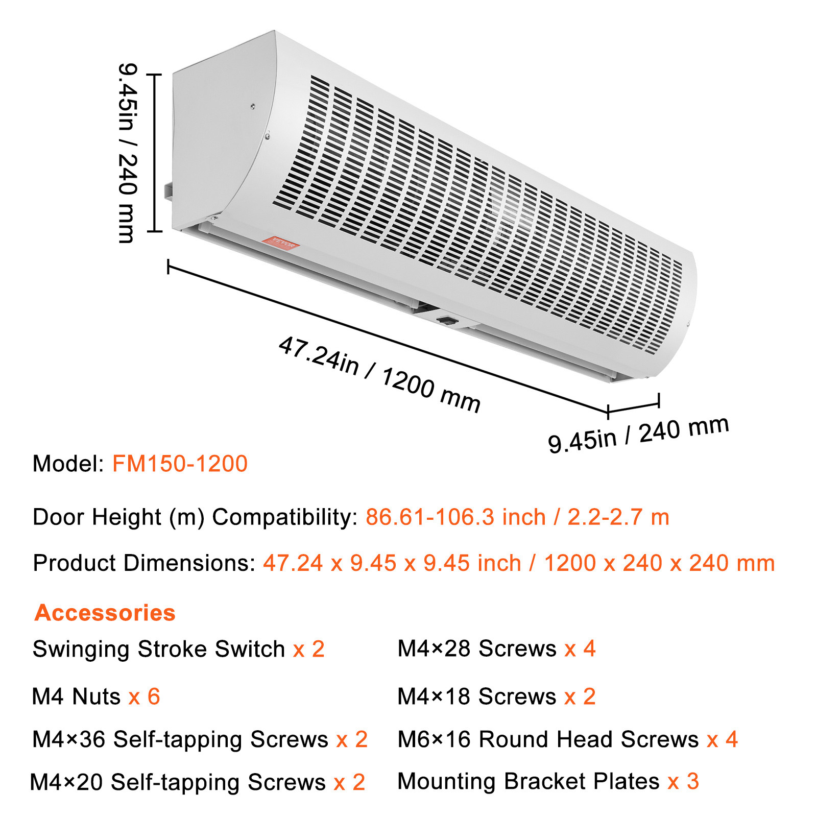 VEVOR Commercial Indoor Air Curtain 48″ Door Air Curtain 2 Speeds 1650CFM