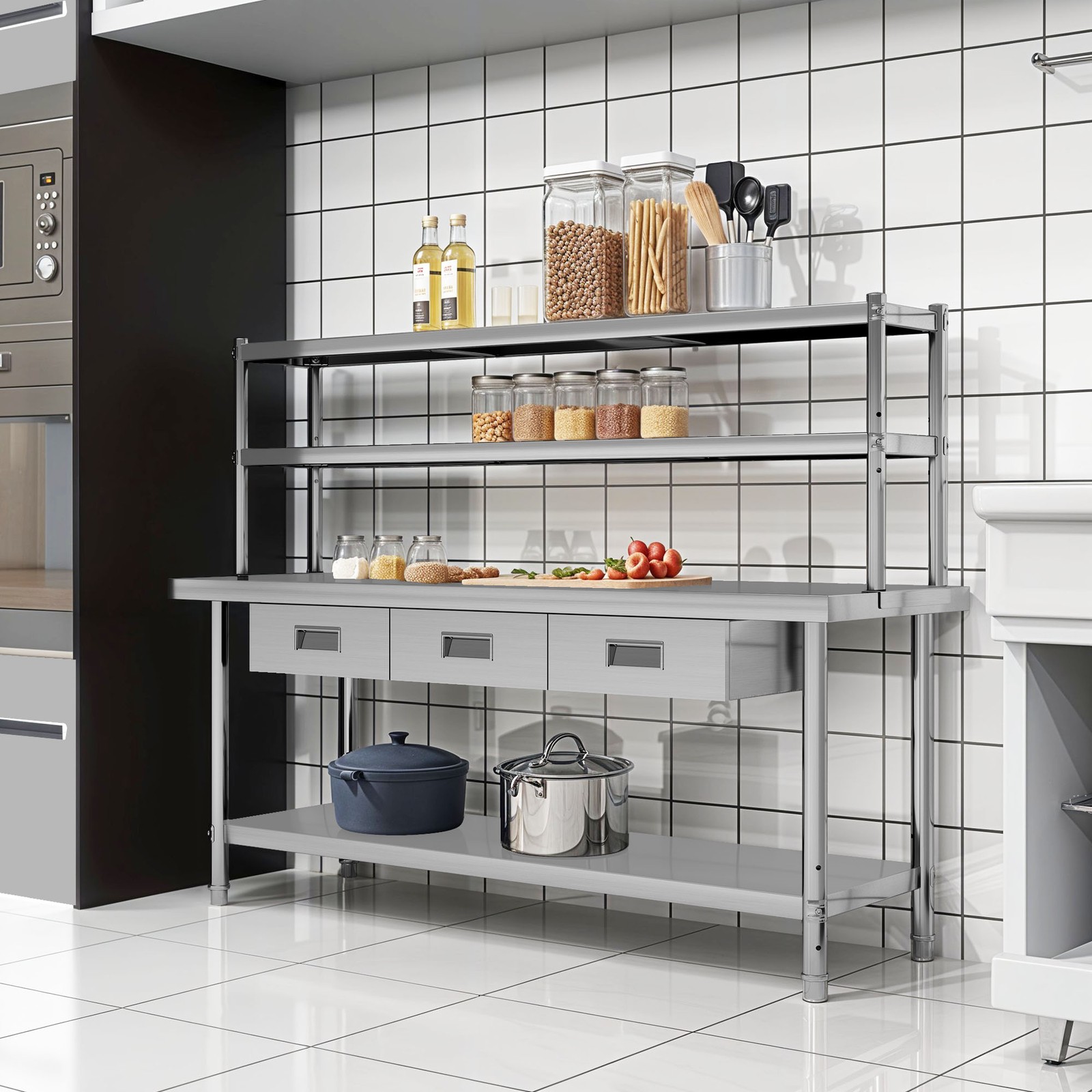 72″ X 24″ Worktable Stainless Steel Table with Overshelves with 72″ X 12″ Shelf