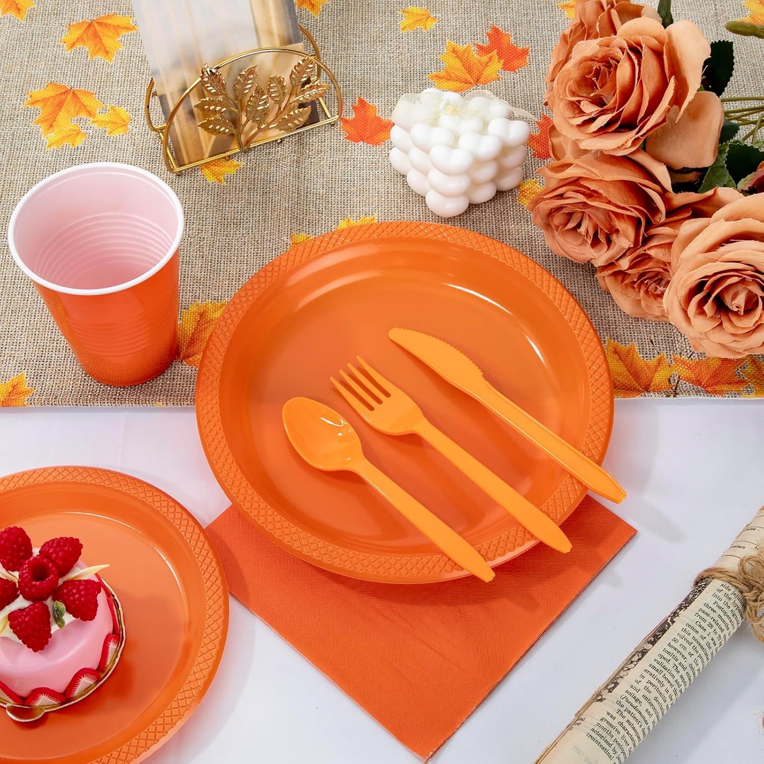 210Pcs Orange Disposable Plates,Plastic Dinnerware Set for Party,Includes: