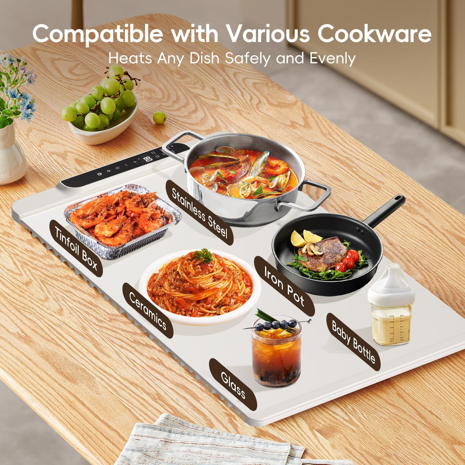 Electric Silicone Food Warming Mat Tray 11Temp Control Timer 26 x 15 Inch
