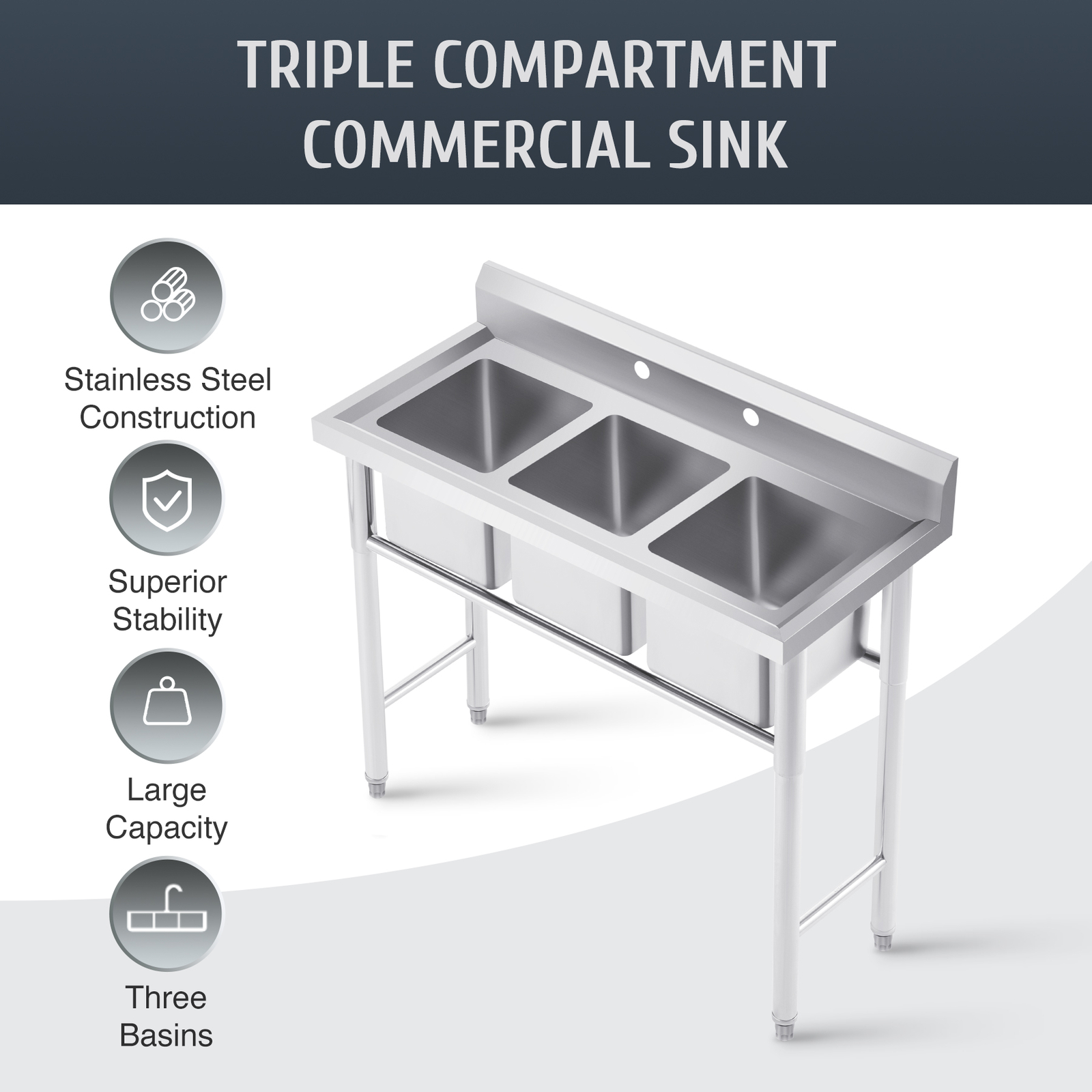 40″ Commercial Kitchen Sink Stainless Steel Utility Sink 3 Compartment – Used