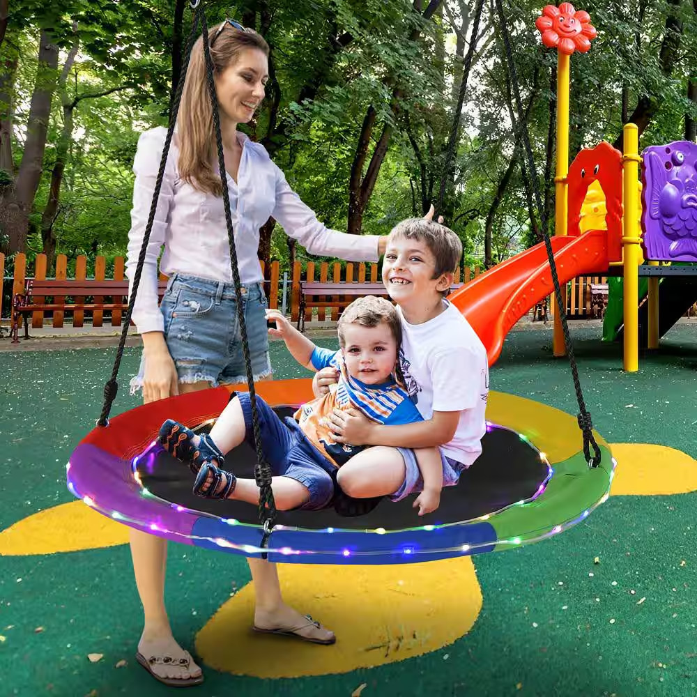 40 In. Saucer Tree Swing 660 Lbs. for Kids Adults Outdoor with LED Lights Rainbo