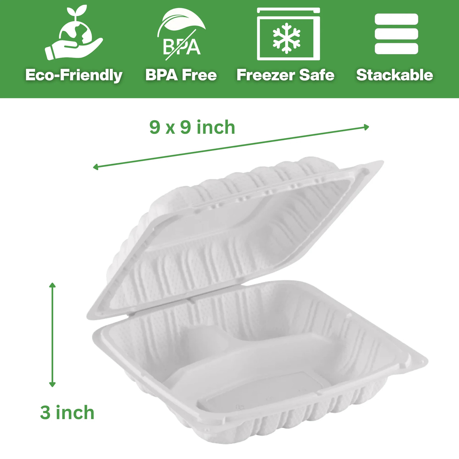 ProTakeOut, [ 9″ x 9″] 150 Pack| White, Clamshell – Take-Out Containers| Durable