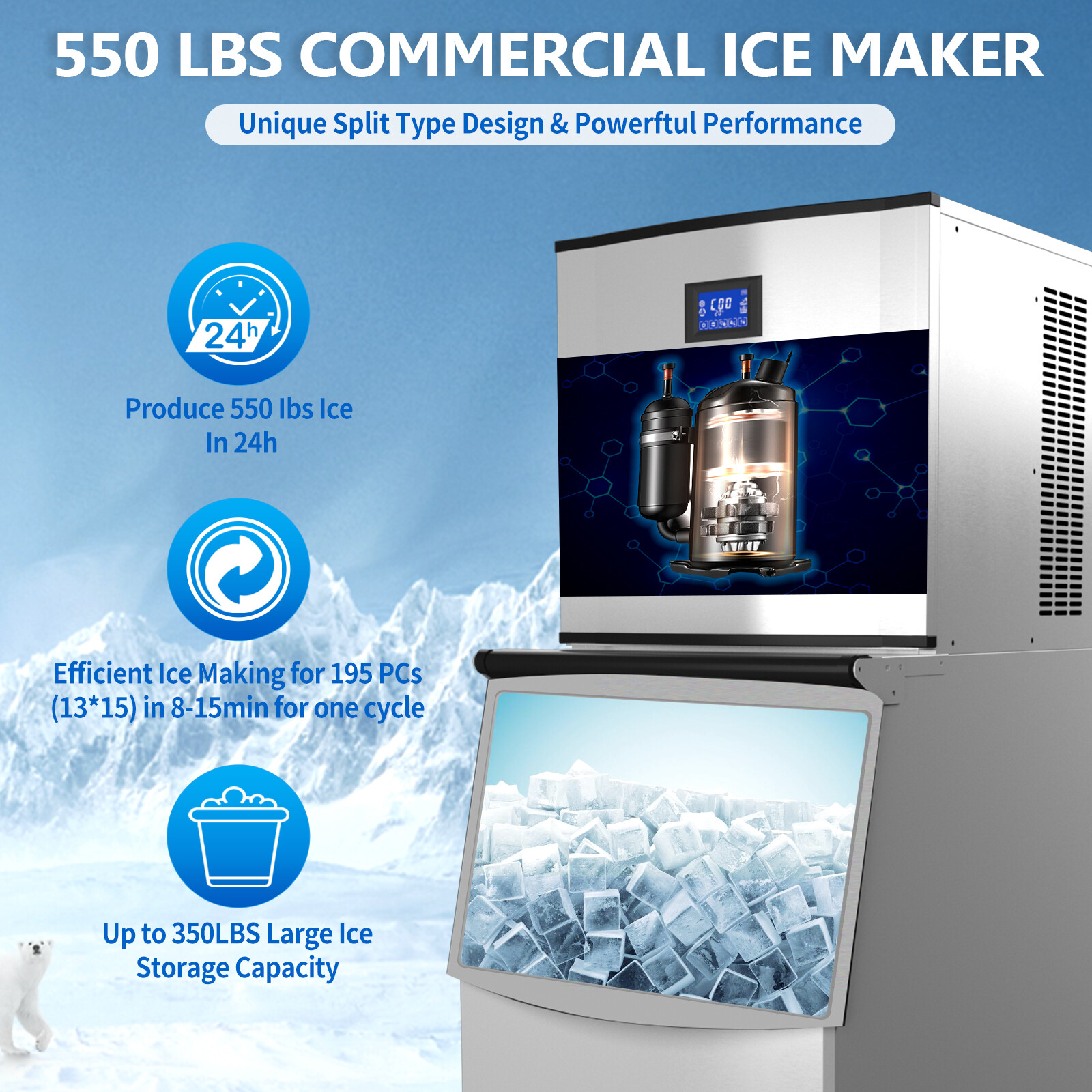 Lojok Commercial 110V 1200W Freestanding Ice Maker 550LBS/24H with 350LBS Bin