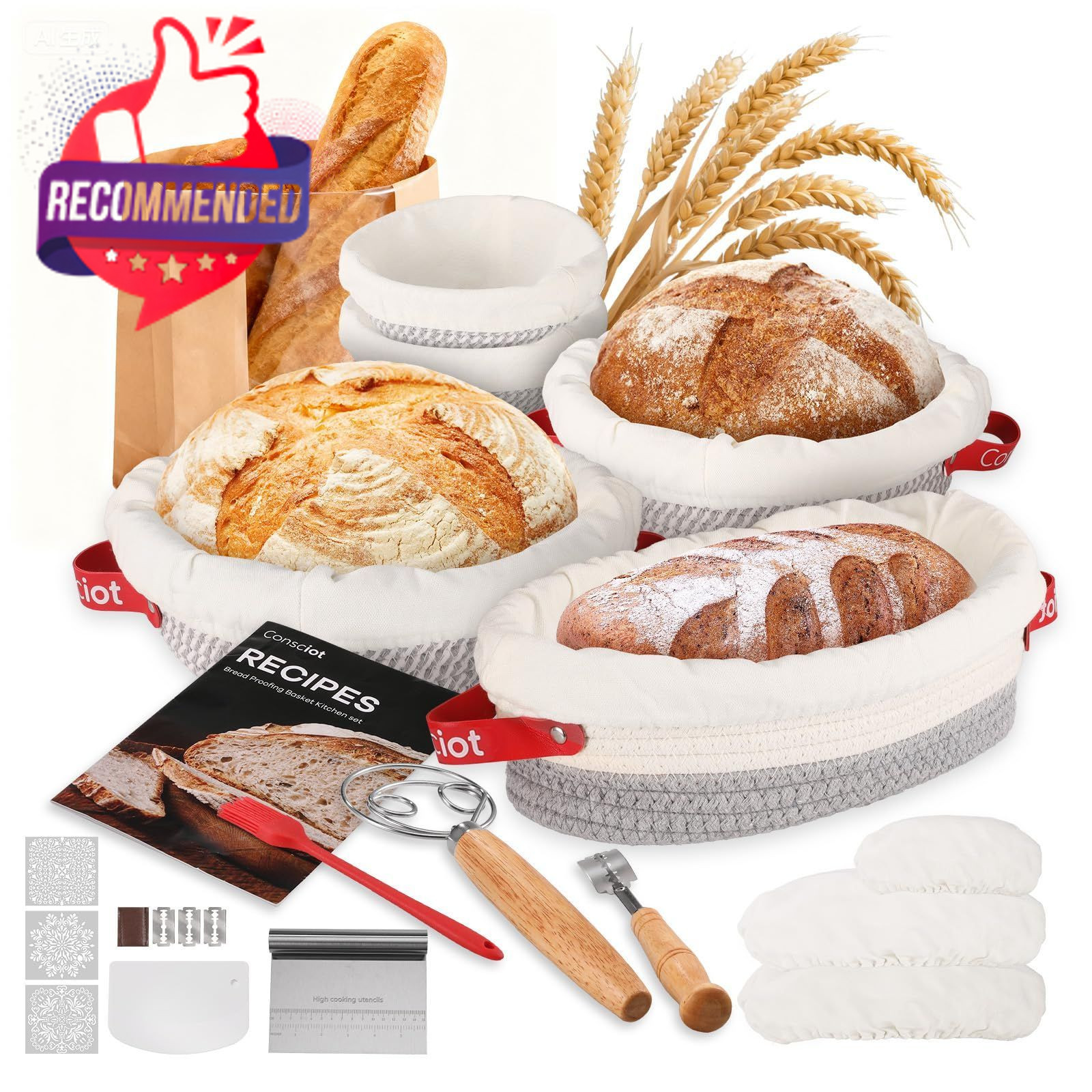 Sourdough Starter Kit 5 Banneton Round & Oval, Cotton Rope Bread Proofing Basket