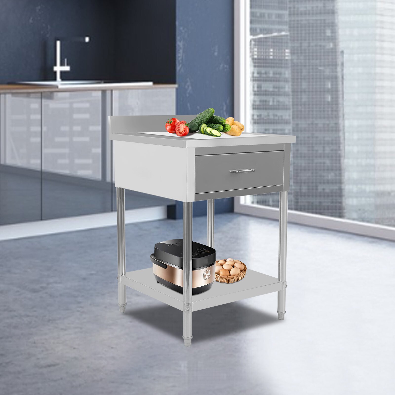 2 Layers Stainless Steel 24″x24″ Kitchen Work Table Food Prep Table With Drawer