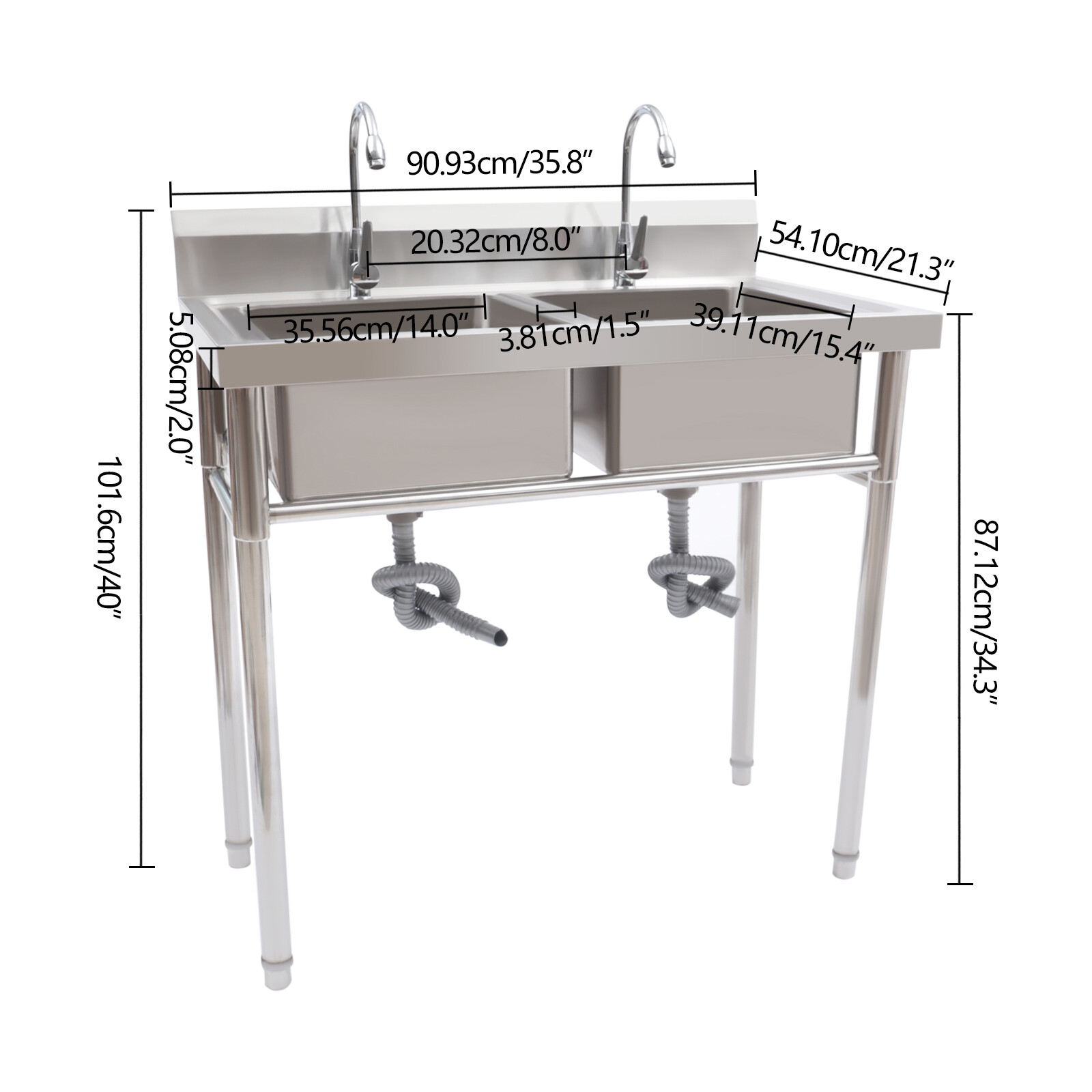2 Compartment Commercial Sink w/ Double Faucet Restaurant Sink,Free Standing