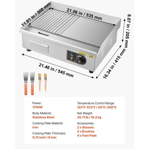 Commercial Electric Griddle, 21.06 x 11.81 inch, 1750W, 122-570?&deg;F Adjustabl