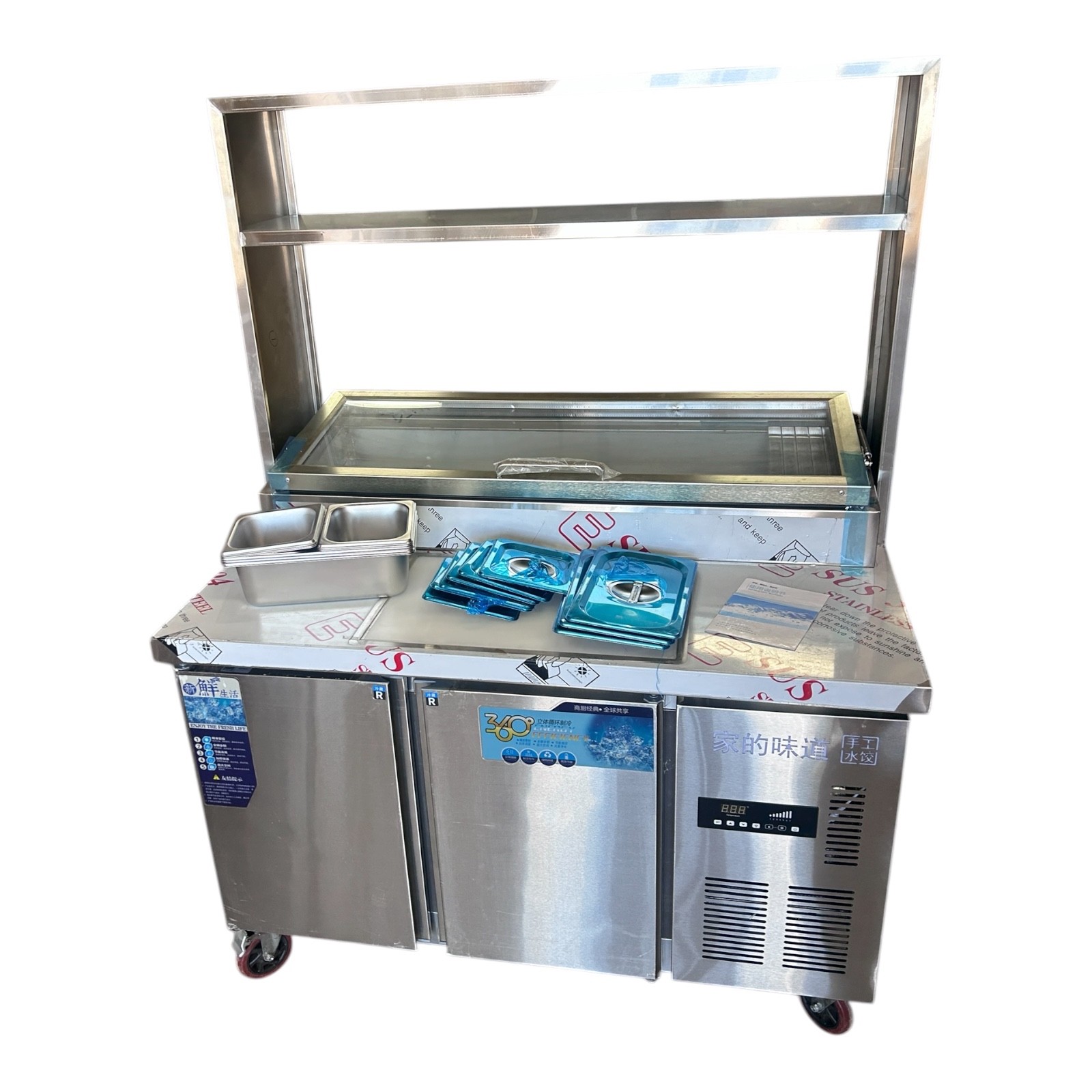 Chineng 2 Door Refrigerated Cooler 47″ Table Pizza Sandwich Prep Station 9 Bin