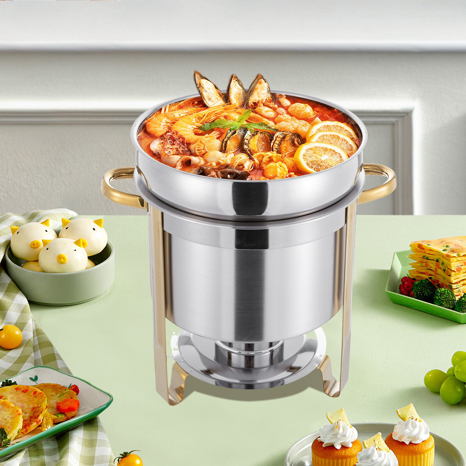 11.62Qt Round Stainless Steel Soup Warmer Soup Chafer with Pot Lid & Fuel Holder