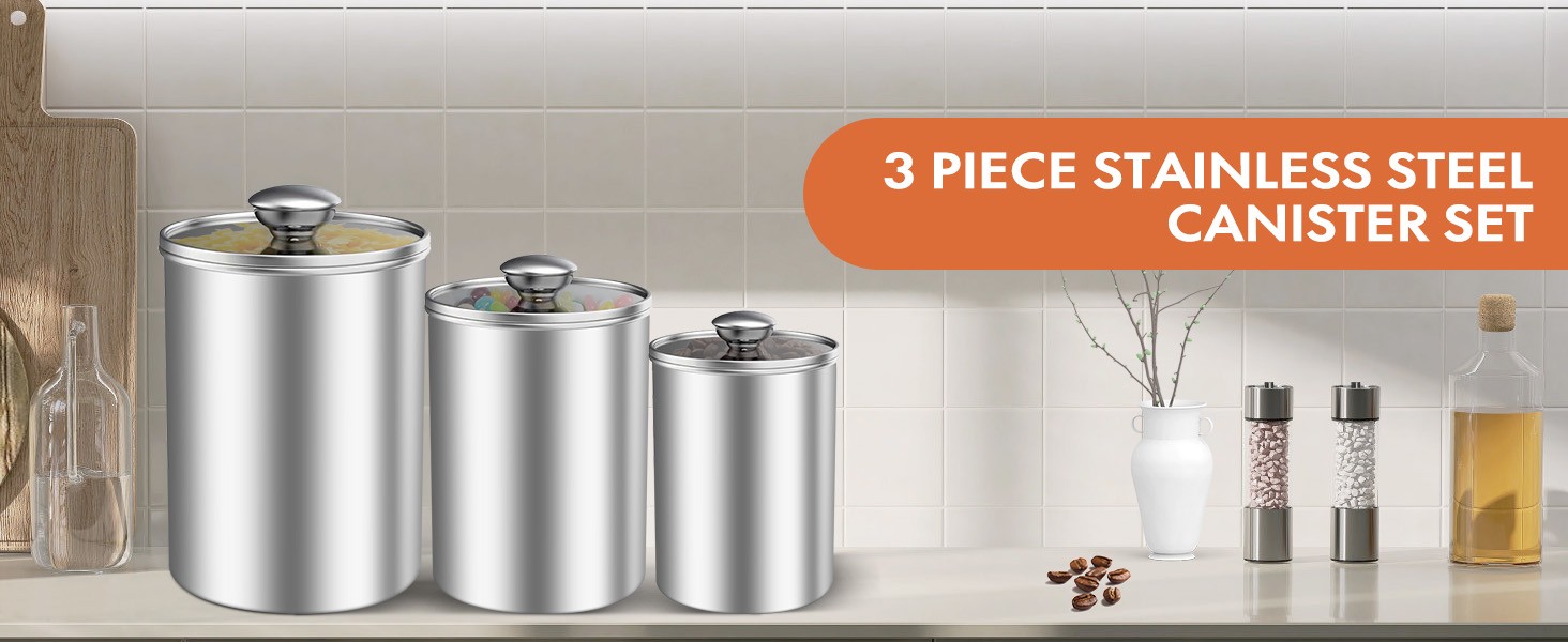 Stainless Steel Food Storage Container Set of 3, 88/61/29 oz with Clear Glass