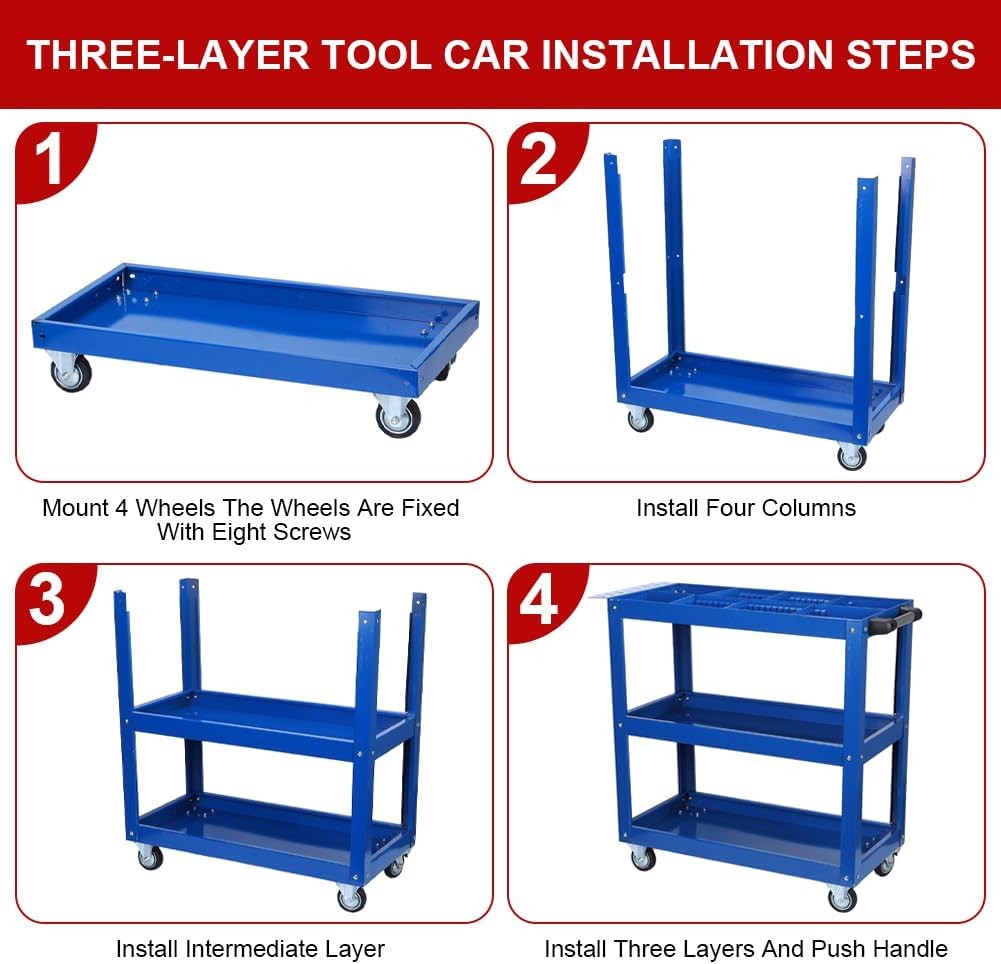 Tool Cart 3 Tier Rolling Mechanic Tool Heavy Duty Steel Utility Cart 450 LBS