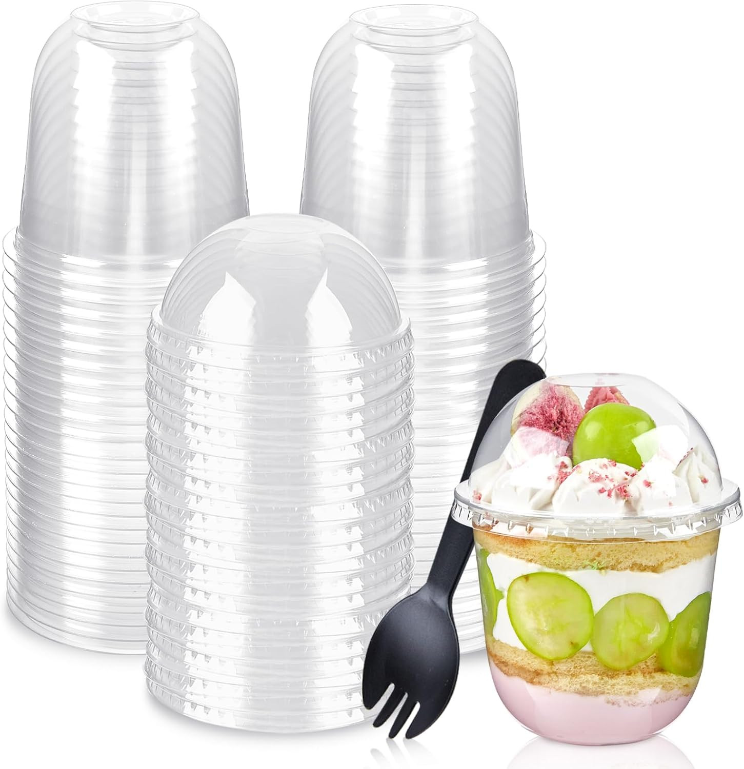 50 Pack 12 oz Plastic Dessert Cups with Dome Lids (No Hole) and Sporks, Clear Di