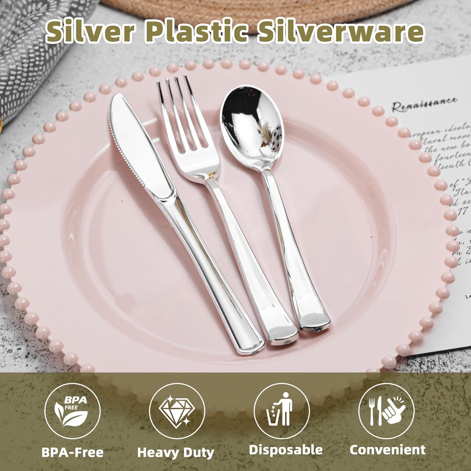 240PCS Sliver Plastic Silverware, Sliver Plastic Cutlery Set Disposable Flatware