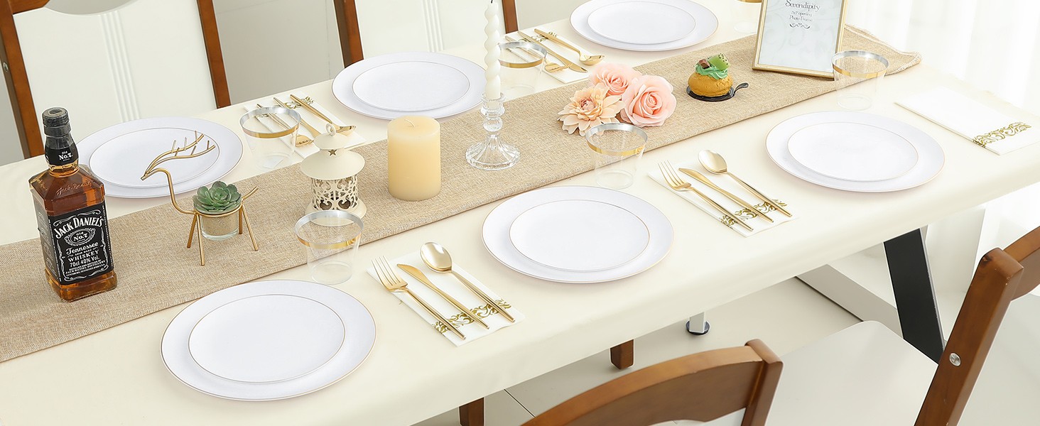 MirthMood 210Pcs Disposable Plastic Plates Set, Gold and White Plastic Party