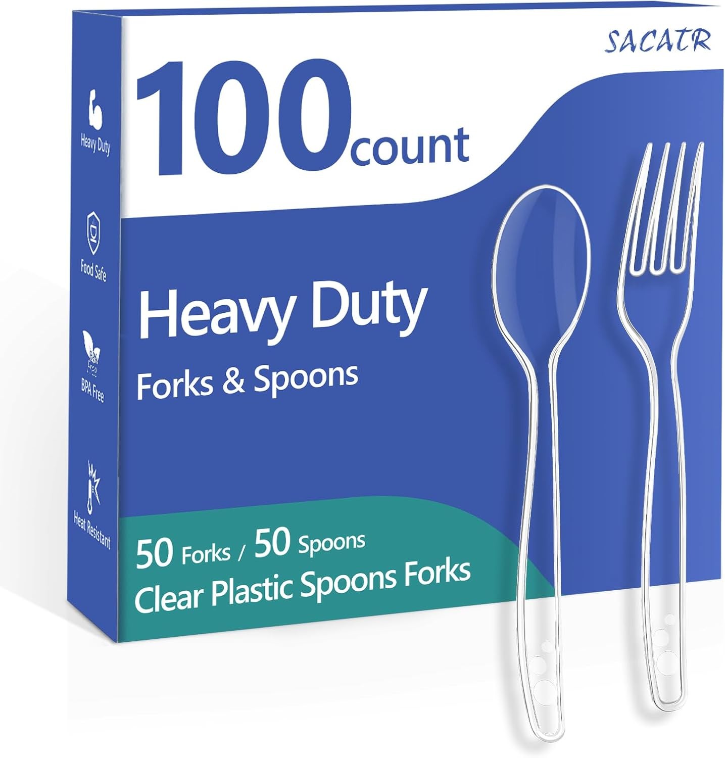 100 Count Plastic Silverware Heavy Duty -50 Forks, 50 Spoons, BPA-Free, Heat Res