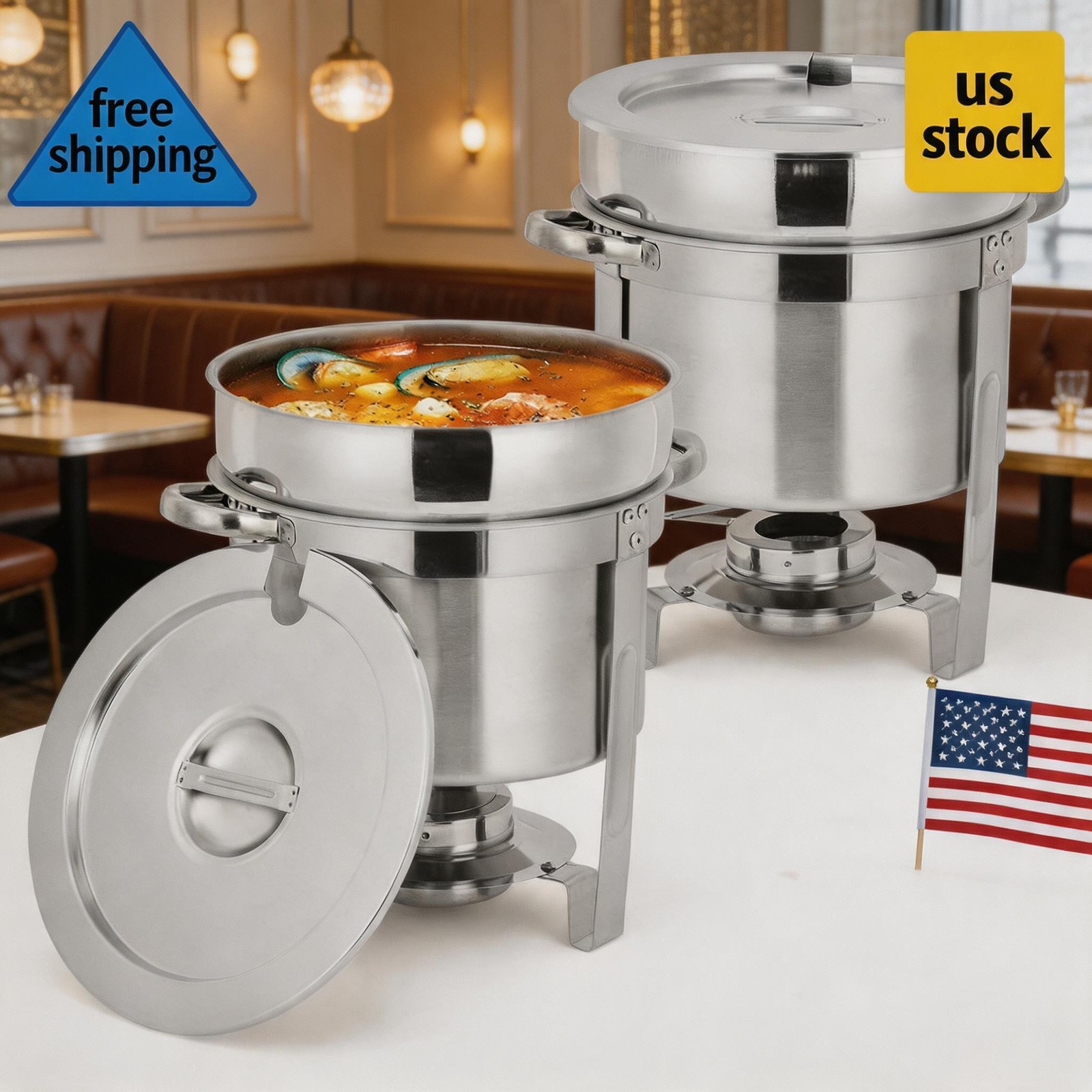 7QT Commercial Soup Warmer Set, 2 Pack Stainless Steel Round Soup Chafer