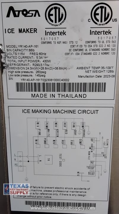 Atosa YR140-AP-161 140 Lbs/24 Hr Undercounter Ice Maker Air Cooled