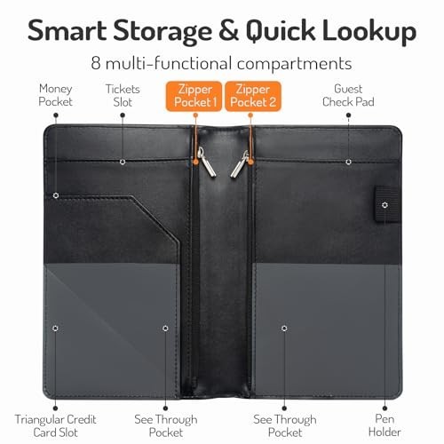 Server Book with 2 Zipper Pockets 8 Compartments PU Leather Receipt Holder