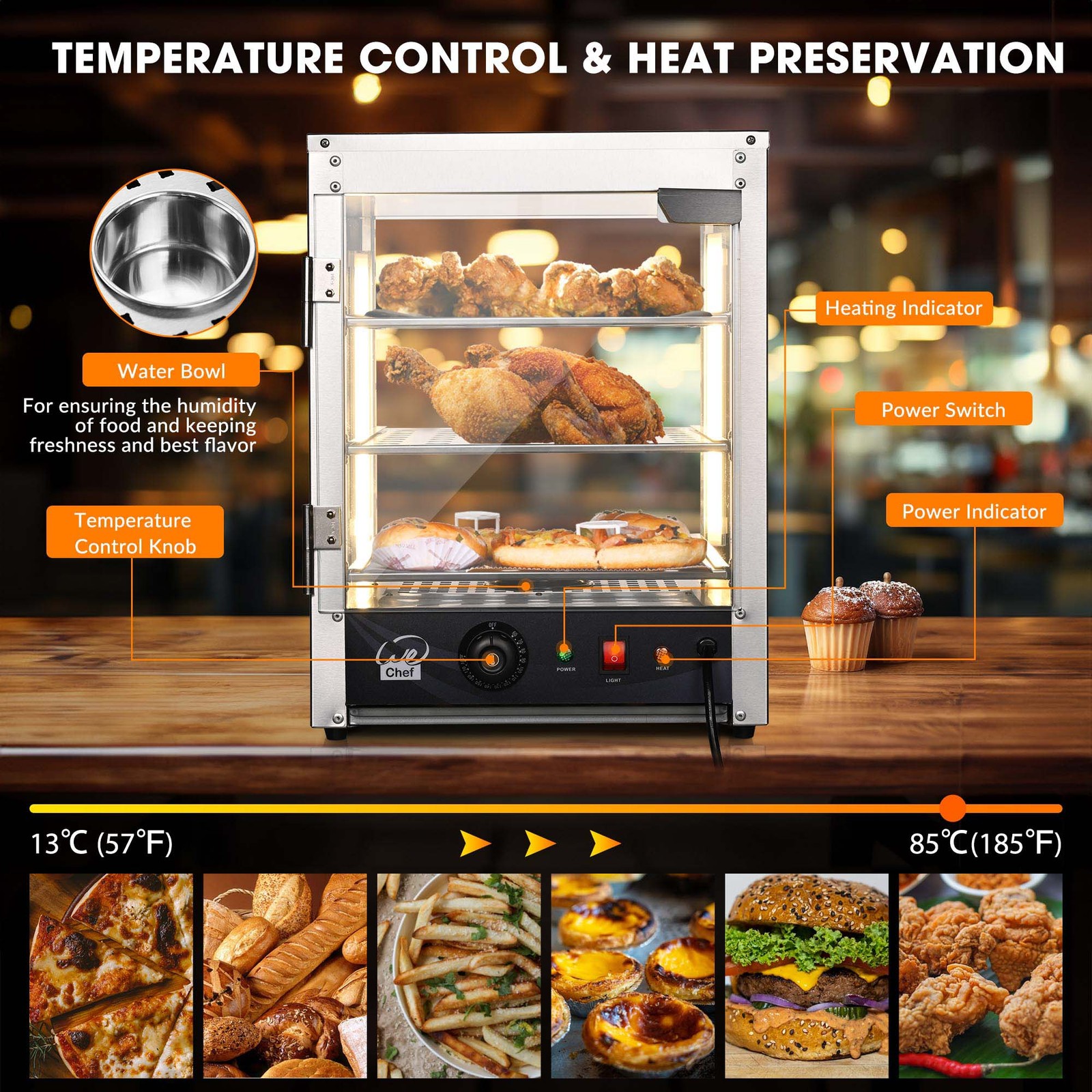 WeChef 15″ Commercial Food Warmer 3-Shelf Countertop Catering Pizza Display Case