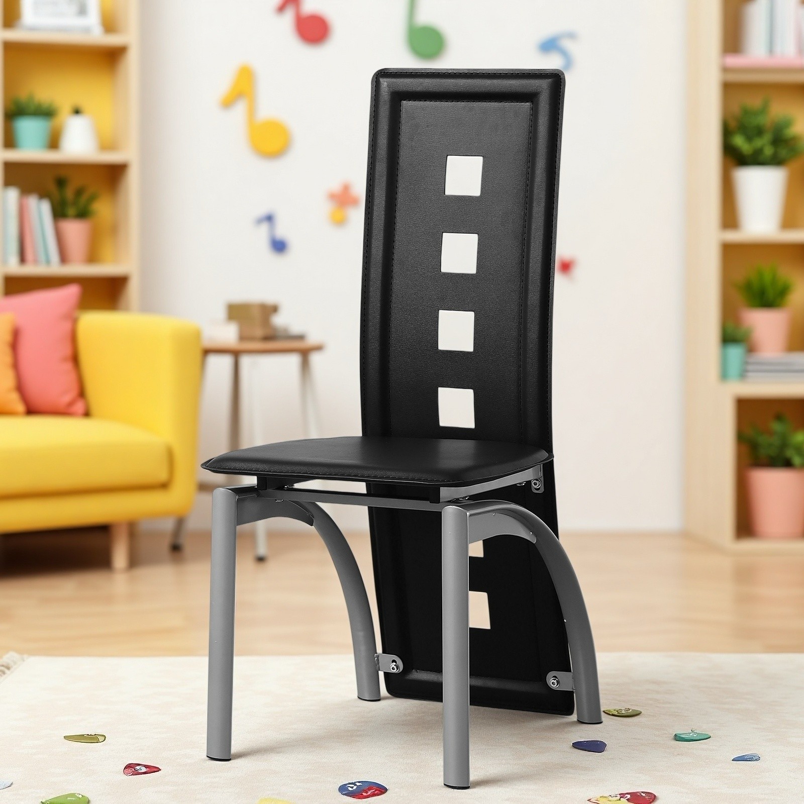 4pcs Dining Chairs – PU Leather, High Back Square Cutout Design & Chrome Legs