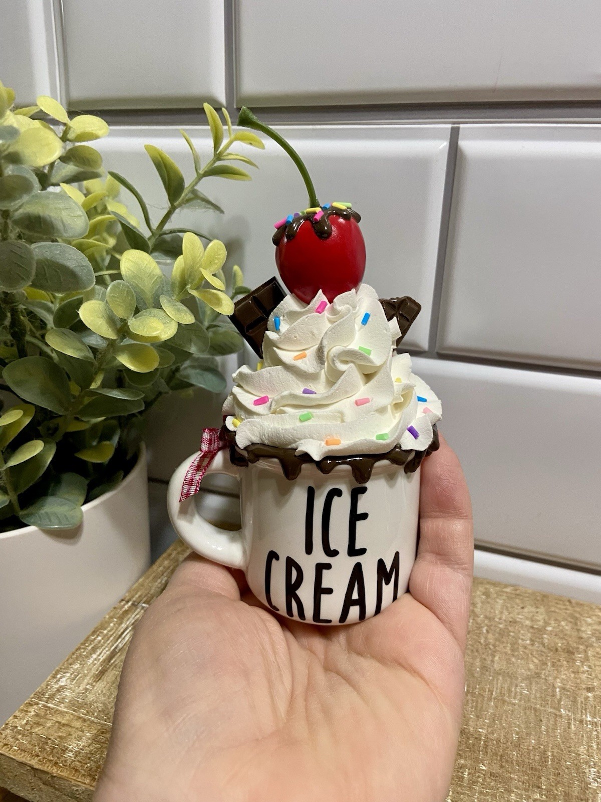 Cute ICE CREAM Mini Ceramic Mug Faux Fake Whipped Cream Tiered Tray Decor SUMMER