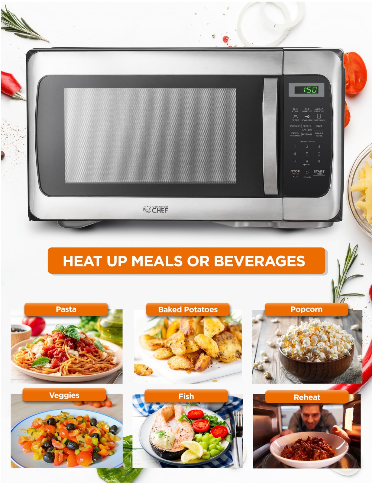 COMMERCIAL CHEF 1.1 Cu Ft Microwave with 10 Cubic Feet, Stainless Steel