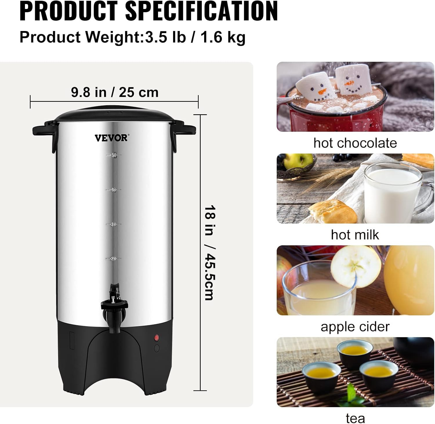 Commercial Coffee Urn, 50 Cups/7.5L Stainless Steel Large Coffee Dispenser, 1000