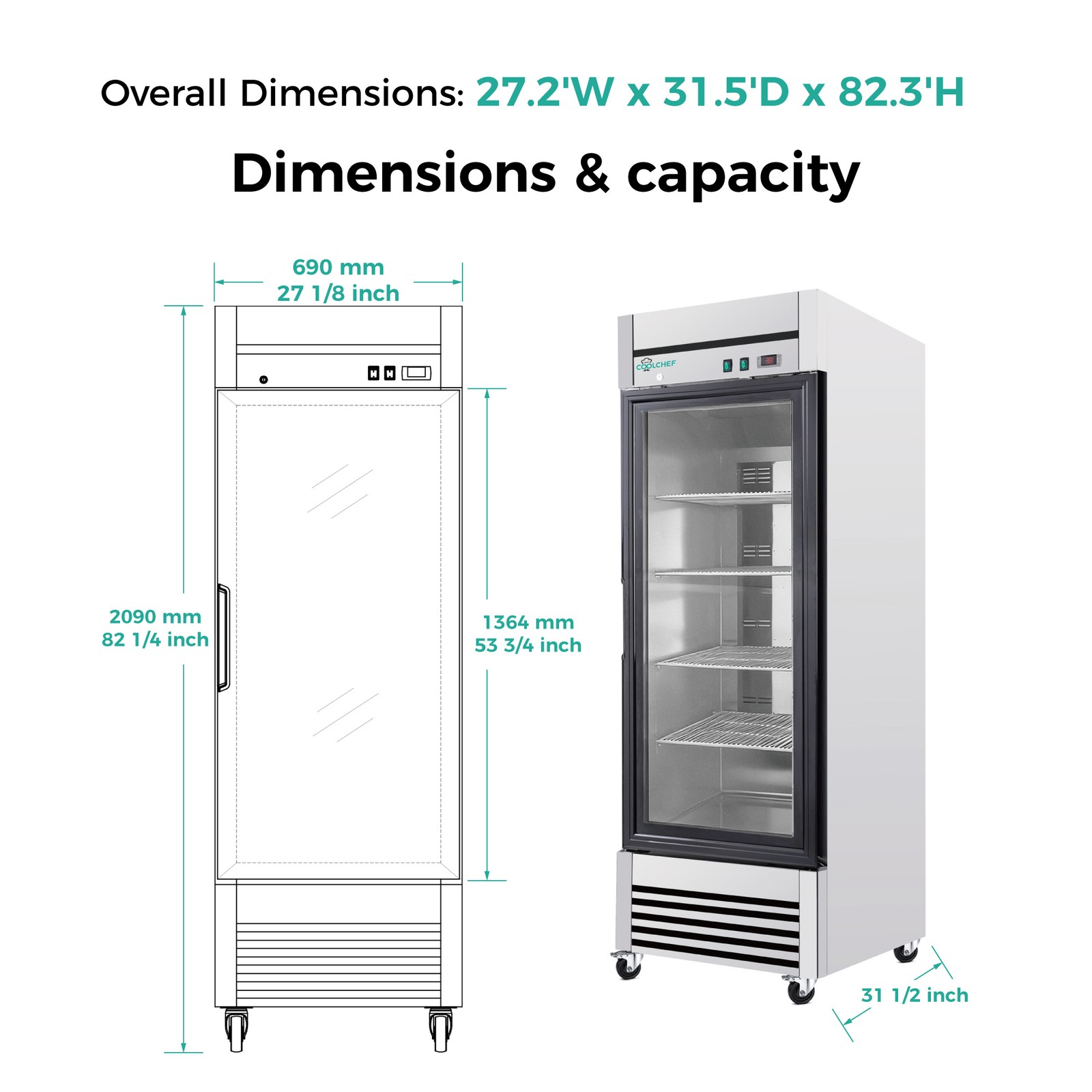 27» Glass 1 Door Reach-In Refrigerator Commercial Stainless Steel 23 Cu.ft.