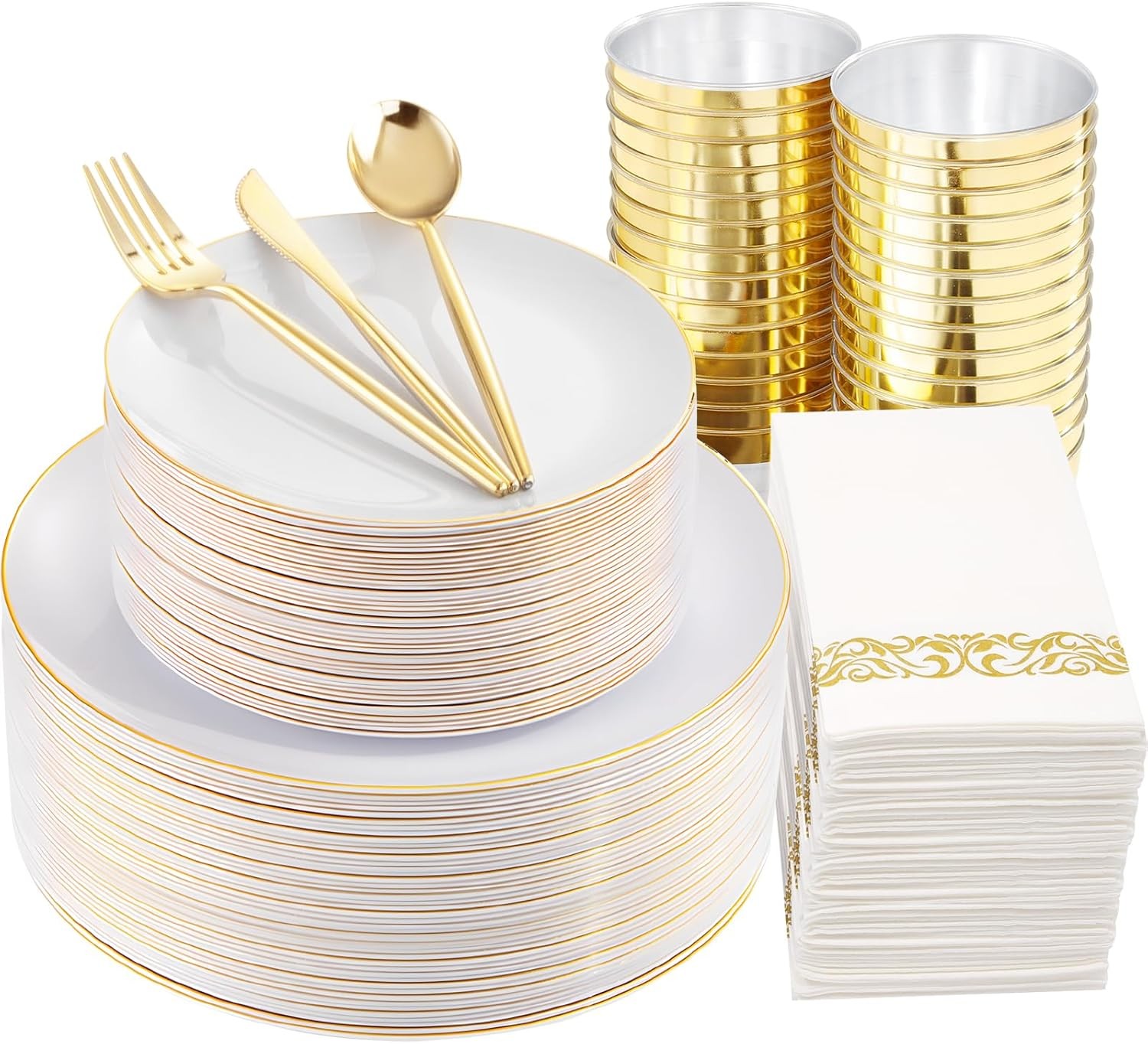 MirthMood 210Pcs Disposable Plastic Plates Set, Gold and White Plastic Party