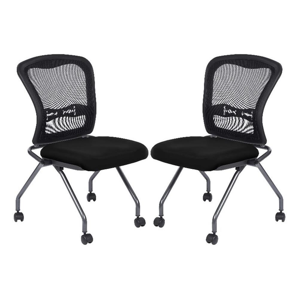 Set of 2 Deluxe Armless Folding Chair with ProGrid Black in Coal Black Fabric