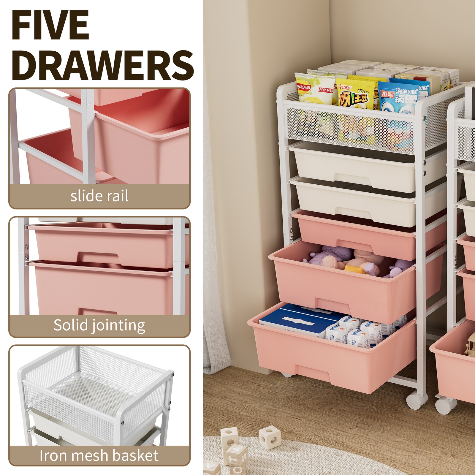 2 Pack 5-Tier Rotating Utility Cart Mobile Metal Storage Organizer Trolley White